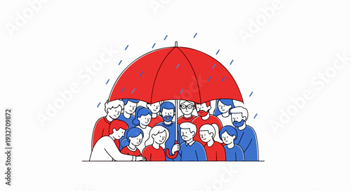 Group of diverse people receiving community support under large umbrella during rain. Crowd of individuals seeking shelter together, symbolizing community support for safety and care.