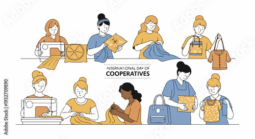 International Day of Cooperatives depicted with women sewing and creating textile products collaboratively. International Day of Cooperatives showcases teamwork in fashion production,