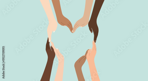 Diverse hands heart shape illustration on light blue background, showcasing different skin tones joining together. Diverse hands heart signifies unity, cooperation, and support among various people.