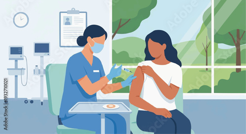 Nurse giving vaccine injection to patient arm for immunization vector illustration.