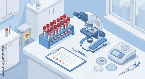 Isometric medical laboratory workspace with blood test tubes and microscope vector.