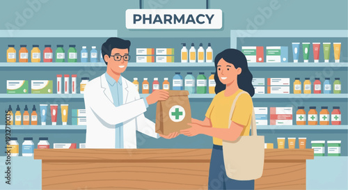 Pharmacist handing prescription medicine to customer at pharmacy counter vector illustration.