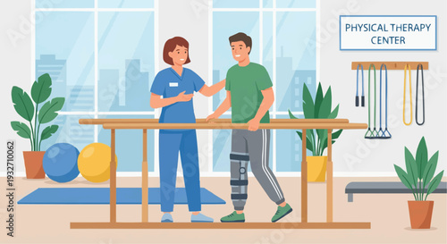 Physiotherapist helping patient walk with parallel bars physical rehabilitation vector.