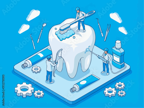 Isometric small dentists cleaning giant tooth with toothbrush oral care vector illustration.