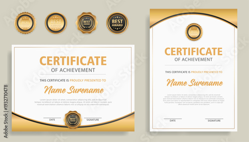 gold diploma certificate with line art and badges A4 template. For award, business, and education