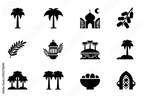 set of silhouettes of tropical island