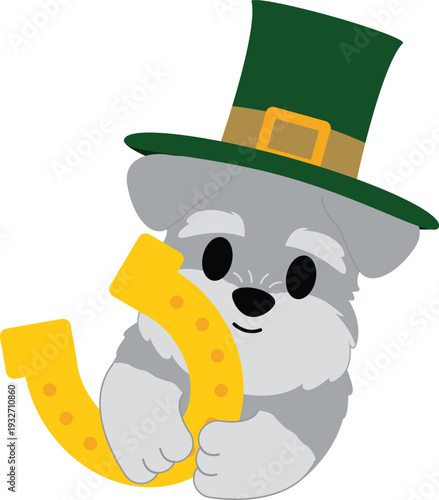Cute Puppy with Leprechaun Hat and Lucky Horseshoe for St. Patrick's Day
