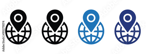 Location, on globe icon featuring a location marker, globe with pinpoint symbol, world map navigation, GPS and travel concept, modern flat vector