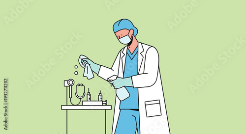 Doctor cleaning medical equipment with sanitizer spray, hygiene in healthcare