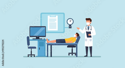 Doctor Consulting Patient in Clinic Room with Medical Equipment