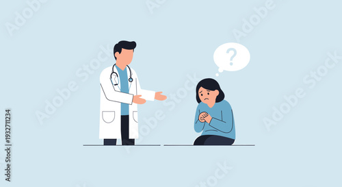 Doctor Consulting Patient with Question Mark Thought Bubble, Medical Consultation