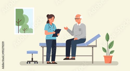 Doctor consulting with elderly patient in clinic examination room