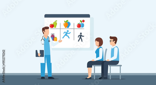 Doctor consults couple on healthy lifestyle, diet and exercise plan