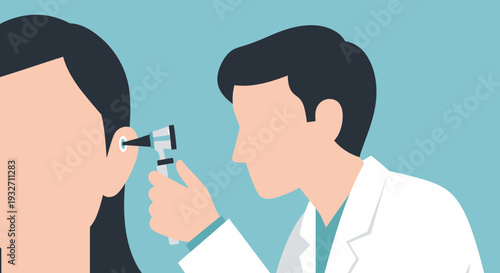 Doctor examines patient's ear with otoscope, medical check-up, healthcare concept