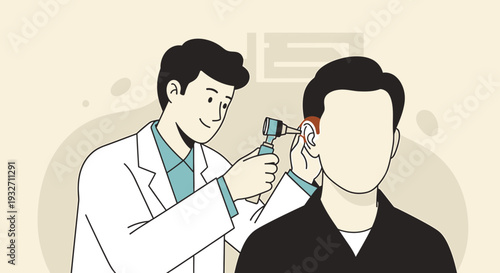Doctor examines patient's ear with otoscope, medical check-up, healthcare service