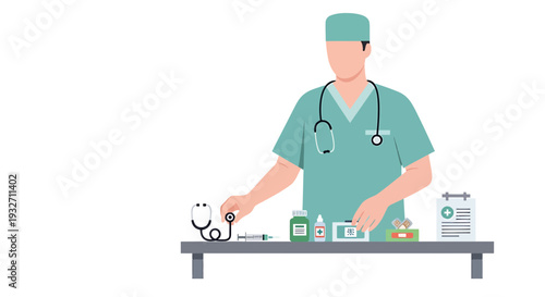 Doctor with Medical Equipment and Supplies on Table - Healthcare Concept