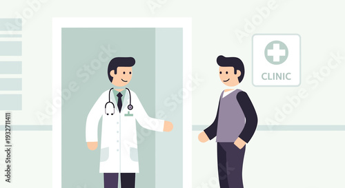 Doctor welcomes patient into clinic for medical consultation and diagnosis.