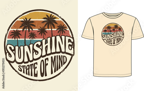 Sunshine State of Mind Design: A captivating t-shirt design evokes a sense of ease and positivity, showcasing a vintage sunset with palm trees.