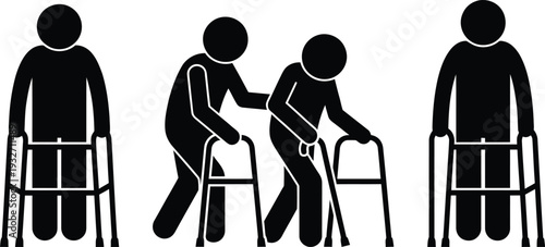 Four silhouettes demonstrating different ways to use a walker for support and mobility