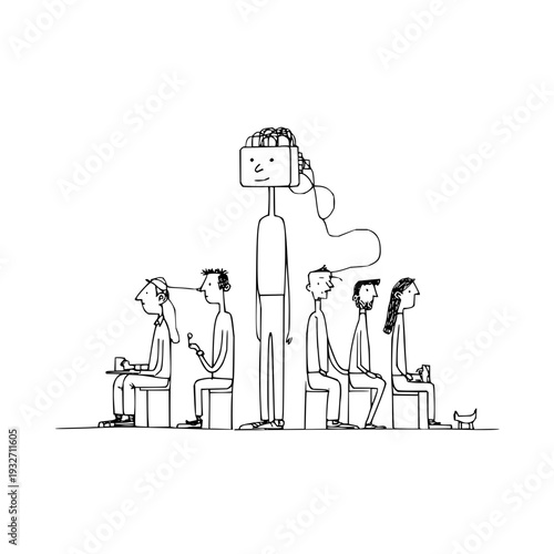 A group of people sitting on stools with one person standing and holding a television on their head with a smiling face drawn on it