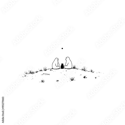 Two people sitting on a hill with a bottle enjoying a moment of solitude and companionship in a serene landscape