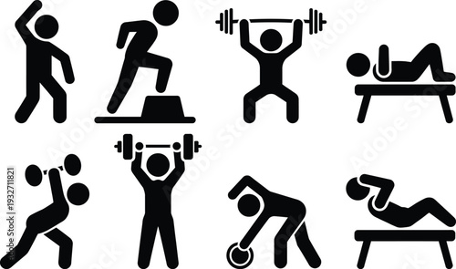 A variety of exercises and fitness activities depicted in a simple black and white illustration