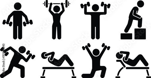 A collection of icons depicting various exercises and fitness activities.