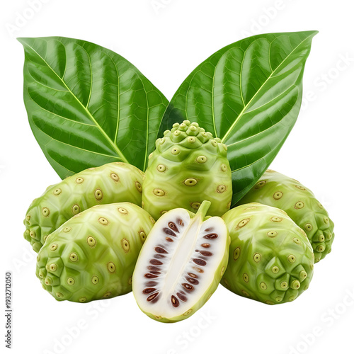 A vibrant arrangement of noni fruits and leaves including a halved specimen on transparent background