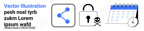 Cybersecurity, data sharing, digital privacy, scheduling, time management, online threats. Icons include a share symbol, a lock with a skull a calendar and a clock. Cybersecurity and data sharing