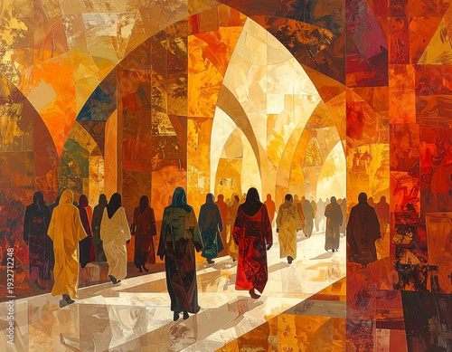 Abstract interpretation of people journeying through a radiant, arched passage bathed in warm,