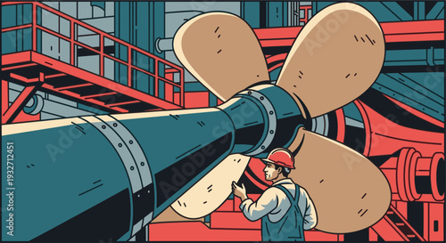 An engineer wearing a red hardhat inspects a large ship propeller in an industrial environment. The color palette is muted blues, reds, and beige, creating an industrial aesthetic.