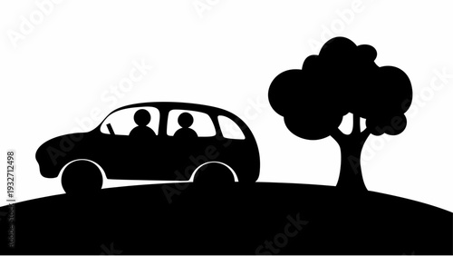Silhouette of couple driving through scenic landscape with tree
