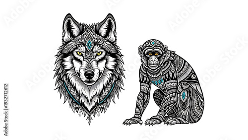 Wolf and Gorilla Tattoo Style Illustration.