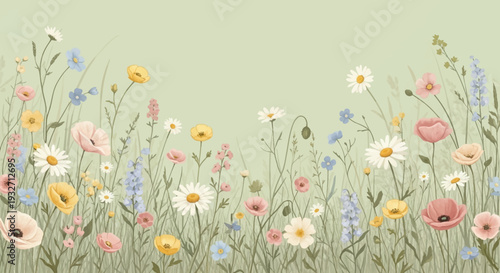 Vibrant wildflowers in a lush green meadow scene