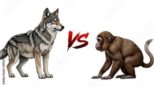 Wolf and Monkey Facing Off Illustration.