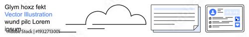 Cloud computing, digital storage, online security, data management, user profile, identity access. Minimalist cloud icon, document and user profile. Cloud computing and digital storage concept