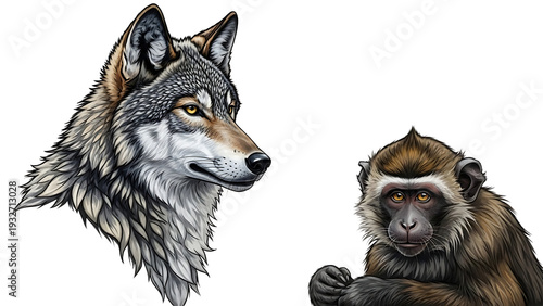 Wolf and Monkey Illustration Side by Side 1.