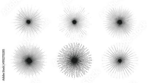Set of six intricate sunburst patterns with radiating lines from a central point, creating vintage, retro, or explosive visual effects.