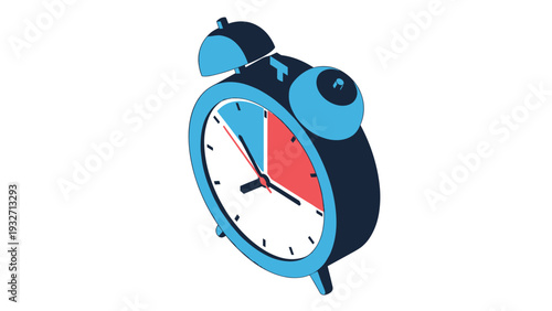 Isometric 3D illustration of an alarm clock with a segmented blue and red dial, representing time management, deadlines, or wake-up calls.