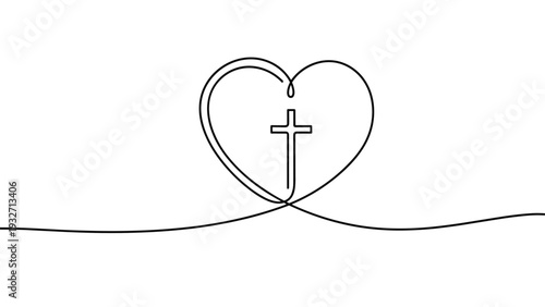 Single continuous line drawing of a heart shape encompassing a Christian cross symbol, all in black on a white background, representing faith and love.