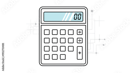Outline icon of a calculator with a digital display showing "00" and various buttons, against a white background with abstract lines, symbolizing finance and computation.