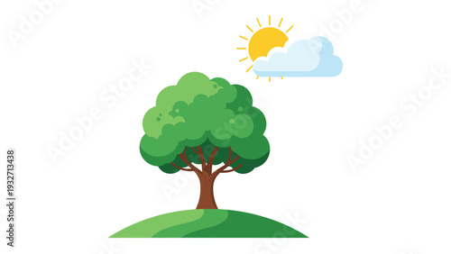 Lush green tree on a small hill, with a bright yellow sun peeking from behind a white cloud in the sky, illustrating a pleasant outdoor scene.