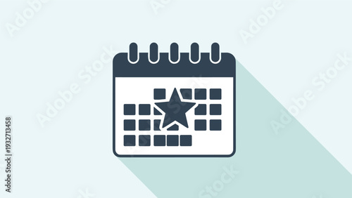 Dark blue solid icon of a calendar with a large star on one date square, casting a long shadow on a light blue background, indicating an important or starred date.