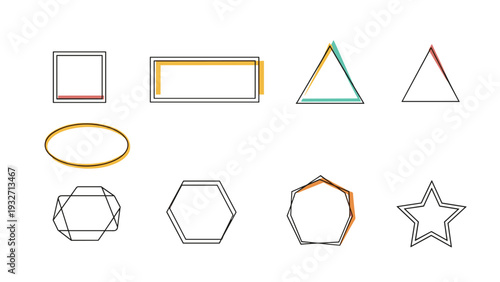 Collection of various geometric wireframe shapes including square, rectangle, oval, triangle, hexagon, pentagon, and star, some with colored accents, ideal for abstract designs.