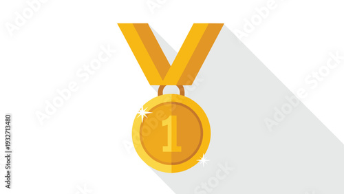 Shiny gold medal with the number "1" engraved, hanging from a golden ribbon, casting a long shadow on a white background, signifying first place.