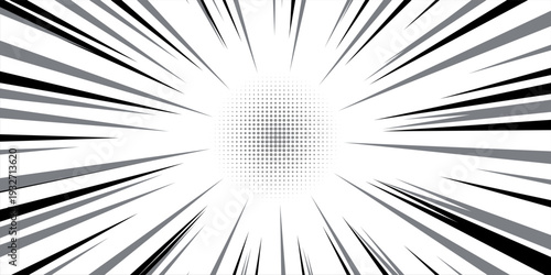 Comic book black and white radial lines background. Manga speed frame. Super hero action. Vector illustration.