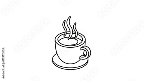 Isometric outline illustration of a steaming cup of coffee or tea on a saucer, conveying warmth, comfort, and beverage enjoyment.