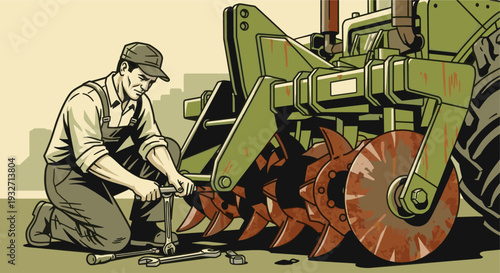 Illustration of a farmer kneeling and repairing an olive green agricultural cultivator with rust colored cutting disks using wrenches in an open field.