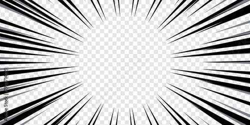 Comic book black and white radial lines background. Manga speed frame. Super hero action. Vector illustration.