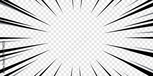Comic book black and white radial lines background. Manga speed frame. Super hero action. Vector illustration.